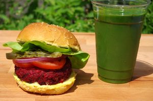 The incredible beet burger and the green smoothie ! Another unique combo to Café Nutrimania ! at Cafe Nutrimania in Montreal