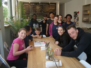 We promote healthy lifestyles - here is the jogging group meeting at the Café - Nous promouvons les saines habitudes de vie - voici le groupe de jogging réuni au Café. at Cafe Nutrimania in Montreal