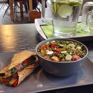 Veggie wrap and quinoa based salad. Simple and delicious! at Cafe Nutrimania in Montreal
