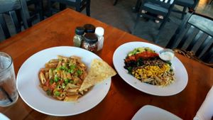 Vegan Zo's Salad and Spicy Chipotle Pasta at Picazzo's Organic Italian Kitchen in Tempe