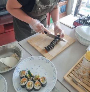 Making vegan gimbap. at Vegan Korean Home Cooking Class & Market in Seoul