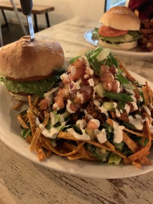 Meet Burger with Taco Salad instead of fries! at MeeT on Main in Vancouver