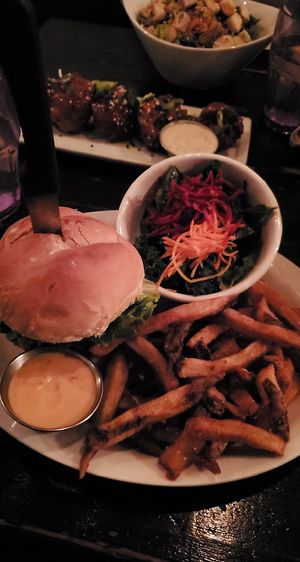 Burger, salad and best fries  at MeeT on Main in Vancouver
