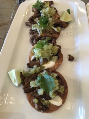 Vegan steak tostada app   at MeeT on Main in Vancouver