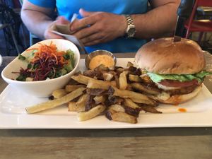Chicken burger and fries   at MeeT on Main in Vancouver