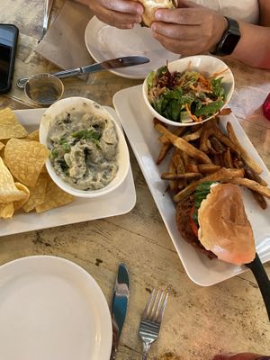 Spinach artichoke dip and crispy chicken sandwich   at MeeT on Main in Vancouver