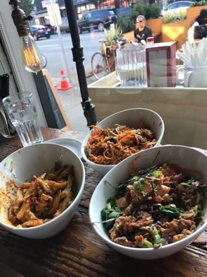 From left to right
Butter Chickinw Poutine
Pad Thai
Seoul Bowl at MeeT on Main in Vancouver