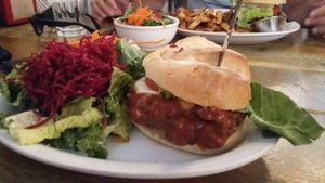 spicy burger at MeeT on Main in Vancouver