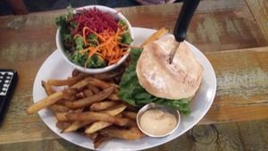 burger with fries at MeeT on Main in Vancouver