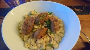 Mac and cheese with Italian sausage at MeeT on Main in Vancouver