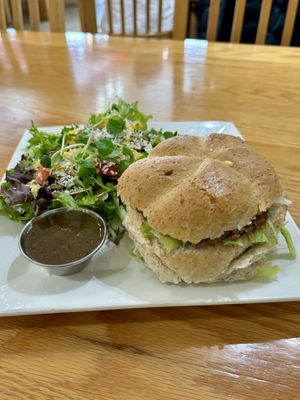 Vegan Mac burger with side sweet saladd  at Bonobo's Foods in Thunder Bay