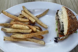 Half a seed burger and half an order of fries. We split it and they nicely cut it for us    at Bonobo's Foods in Thunder Bay