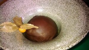 Chocolate sphere filled with creamy sponge cake and goldenberry sauce :)  at Vegetarian by Franco in Lima
