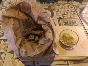 A starter we got: bread with dip at Micro in Cisternino