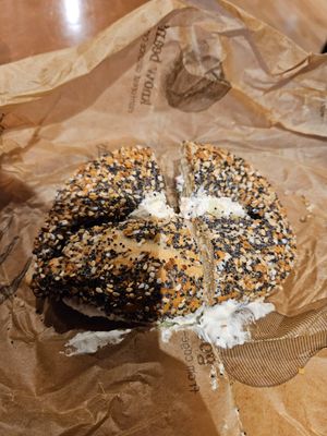 Everything bagel with tofutti veggie cream cheese. Nice big chunks of veg. at The Works Bakery Cafe in Concord