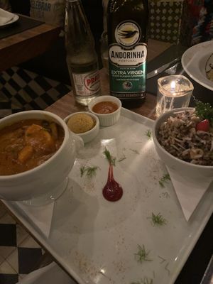 Delicious shiitake and palmitate moqueca with farofa, pimento sauce and beet coulis   at Le Manjue Bistro Organique in Sao Paulo