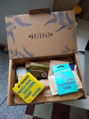 Products ordered online - luffa dish sponge, solid dish soap, etc at Sapato Verde in Lisbon