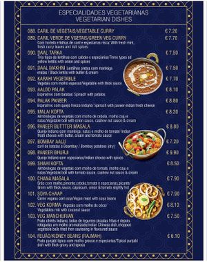 The vegetarian menu  at HAVELI RESTAURANT in Beja