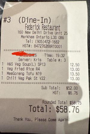 Receipt   at Federick Restaurant in Markham