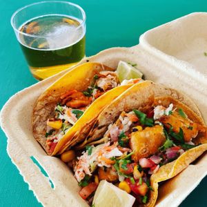 Vegan Fish Tacos with Jalapeño Slaw  at Veggie Grill in Corte Madera