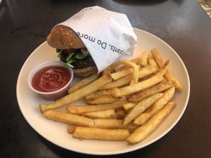 House veggie burger with fries at Veggie Grill in Corte Madera