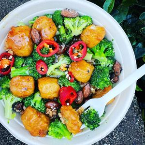 Vegan Orange Chicken with Garlic Broccoli  #Veganuary at Veggie Grill in Corte Madera