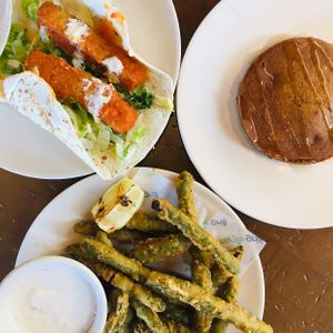 Buffalo Chickin’ Wrap, Pumpkin Spice Cake, and Tempura Green Beans at Veggie Grill in Corte Madera