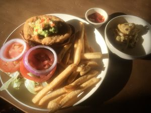 Santa Fe Chick'n Sandwich and Turmeric Cauliflower at Veggie Grill in Corte Madera