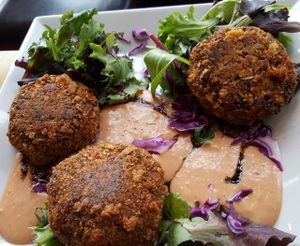 Vegan, gluten-free crab cakes (huge portion!) at Viva in Tacoma