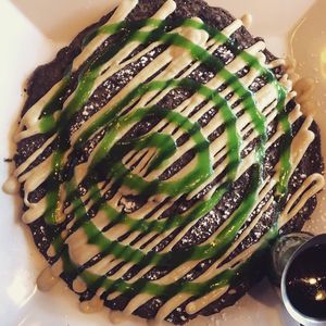 St. Patty’s Day pancakes with cashew cream and spirulina-based apple and lime syrup at Viva in Tacoma