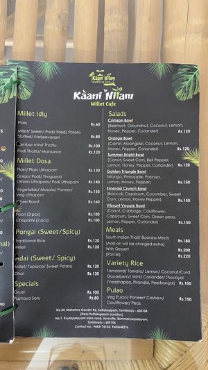 Menu  at Kaani Nilam - Auroville in Viluppuram
