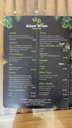 Menu  at Kaani Nilam - Auroville in Viluppuram