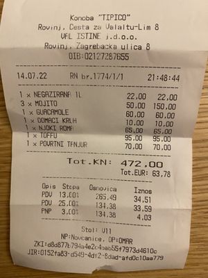 Invoice  at Tipico in Rovinj