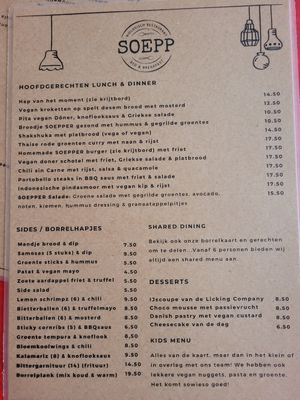 Karte mit Hauptgerichten, Beilagen und mehr at Soepp in Alkmaar