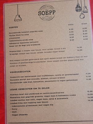 Karte mit Suppen, Vorspeisen und mehr at Soepp in Alkmaar
