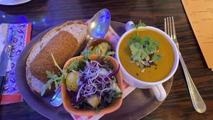 Soepp special: red lentil soup, vegan croquette, bread, mustard, salad  at Soepp in Alkmaar