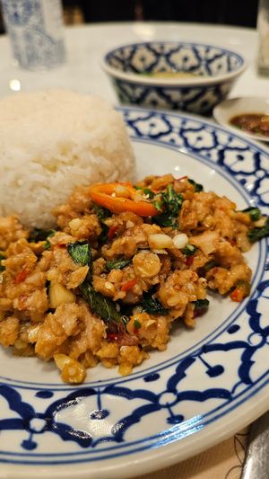 stir fried plant based minced pork with basil at Ros'niyom Emporium in Bangkok