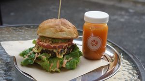Cheese Burger and 'Recovery' Juice at Ain Soph.Ripple Hiro-o in Tokyo