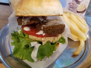 Falafel burger with set fries  at Ain Soph.Ripple Hiro-o in Tokyo