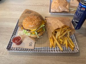 The Double N'Cheeseburger with fries at Furahaa in Lyon