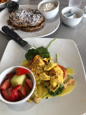 Egg Benedict with cheese sauce and blueberry pancakes- all vegan of course  at Silver Diner in Cherry Hill