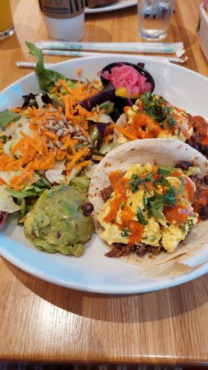 Just Egg Breakfast Tacos at Silver Diner in Arlington