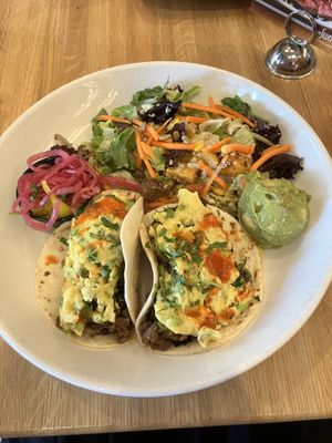 Just Egg breakfast tacos  at Silver Diner in Arlington
