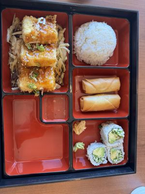 Sushi Bento - Fried Tofu, Rice, Spring Rolls, Avocado & Cucumber Rolss. -All Vegan  at BADA SUSHI in Acton
