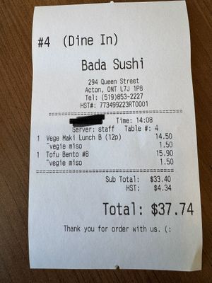 Receipt   at BADA SUSHI in Acton
