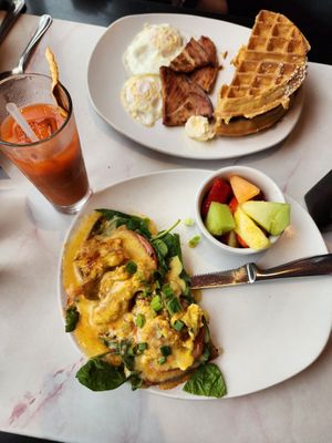 My just Egg Benedict. Fully vegan and so tasty. With a ginger turmeric juice. at Silver Diner in Dale City