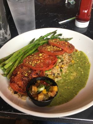 Vegan roasted tomatoes with asparagus and pineapple salsa at Silver Diner in Dale City