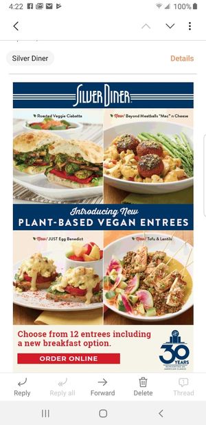 Some of the vegan options at Silver Diner in Dale City