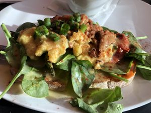 Vegan “just egg” Benedict with tempeh “bacon” on toast   at Silver Diner in Dale City