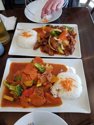 Fake beef and broccoli and fake pork with orange sauce and rice. at Asian Stars in Nepean